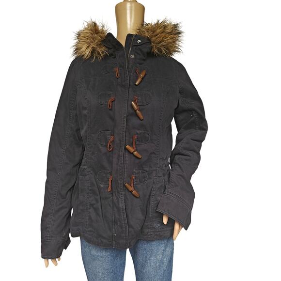 Abercrombie & Fitch Sherpa-Lined Duffle Coat w/ Faux-Fur Hood – Black, Women’s M - Picture 1 of 7